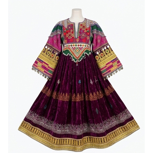 Purple Velvet <b>Kurti</b> Embroidered Sleeves Hem Traditional Indian Pakistani Wedding Wear Women's Loose Fit Midi Afghan Kuchi Dress - Product Image 1