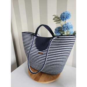 Sac de plage en corde tressée bleu marine et blanc rayé, fait main, doux, imperméable, en coton, sac à bandoulière d'été, sac de shopping - Product Image 2