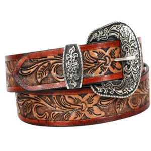 Handcrafted Unisex Floral <b>Tooled</b> Western Genuine <b>Leather</b> <b>Belt</b> Custom Vintage Tan Cow Hide with Antique Brass Steel Buckle Set - Product Image 6