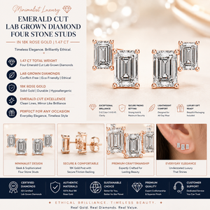 Boucles d'oreilles clous en diamant de laboratoire taille émeraude 1,47 carat |   Bijoux minimalistes en or massif 18 carats avec un design à quatre pierres - Product Image 1
