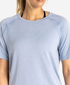 Camiseta de Yoga de Manga Corta con Cuello Redondo Azul Claro para Mujer, Transpirable, de Secado Rápido, de Poliéster, para Fitness, Corte Regular, Color Sólido, MOQ Bajo - Product Image 4