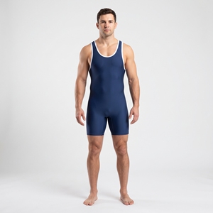 Men's Athletic Wrestling Singlet <b>Navy</b> Blue Color Trim One Piece Spandex Polyester Stretch Sports Training Apparel - Product Image 1