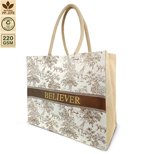 Sac fourre-tout personnalisé en toile de coton laminée PP et jute, 40x33x20 cm, grand sac de plage, vente en gros, OEM, ODM, marque privée, exportateur - Product Image 1