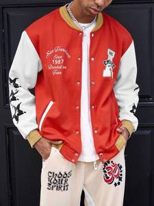 Red & White College Baseball <b>Jacket</b> for <b>Men</b> with Contrast Star Arm Design Varsity Style Streetwear Outerwear <b>Warm</b> Winter Fashion - Product Image 4