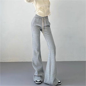 Women <b>Drawstring</b> Mid Waist Regular Fit Flared Fleece 100% Cotton Breathable Streetwear Athletic <b>Trousers</b> - Product Image 3