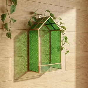Artisan Design Modern Green Glass <b>Wall</b> Shelf with Brass Frame Hut Shape <b>Hanging</b> <b>Storage</b> Organizer for Living Room Decor - Product Image 5