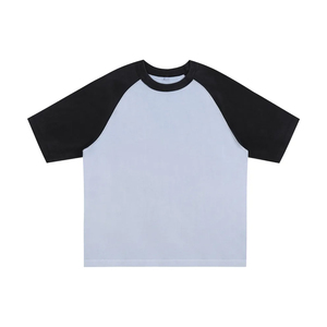 T-shirt décontracté style japonais pour homme et femme, en coton épais, manches raglan courtes, col rond polyvalent, blocs de couleur - Product Image 1