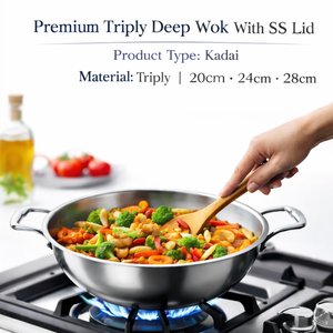 PREMIUM TRIPLEY DEEP <b>WOK</b> (Kadai) WITH StaiNless Steel <b>LID</b> - Product Image 5