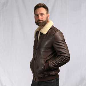 Chaqueta de Cuero Genuino Ecológica para Hombre, Cuello Alto, Color Sólido, Estilo Vintage, Chaqueta Bomber, Chaqueta de Piloto con Cierre para Invierno - Product Image 5