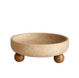 Bol décoratif en pierre de travertin naturel, vente chaude, avec pieds en bois massif pour la décoration de table centrale, style moderne et luxueux pour la décoration de la maison - Product Image 1