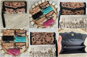 Fashionable Women's Clutch Floral <b>Tooled</b> Genuine Cowhide <b>Leather</b> Luxury Ladies Handcrafted Western Style Wristlet Wallet Purse - Product Image 3