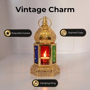 Imperial <b>Gold</b> Metal Moroccan <b>Lantern</b> with Multicolor Glass Panels Decorative Candle Holder for Ramadan Home Table Decor - Product Image 4