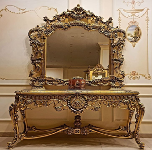 Luxury copper carved wooden vanity console <b>table</b> with floral carved worked available at wholesale prices. - Product Image 1