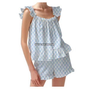 Co- Ords Shorts Pajama Set Printed 2026 New Latest Collection Of Spring/Summer Floral Fitted Strappy Ruffle <b>Trim</b> Sleeves PJ Set - Product Image 5