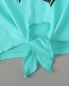 Girls 2-Piece Set Short Sleeve Crop Top With <b>Heart</b> Print <b>Black</b> Shorts With Turquoise Trim Breathable Polyester Cotton Casual - Product Image 4