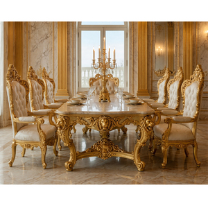 Juego de Muebles de Comedor Tallados en Estilo Barroco con Hojas de Oro, Compre al por Mayor, Estilo Palacio Real, Mesa y Sillas de Comedor de Madera para 8 Personas, Reino Unido - Product Image 1