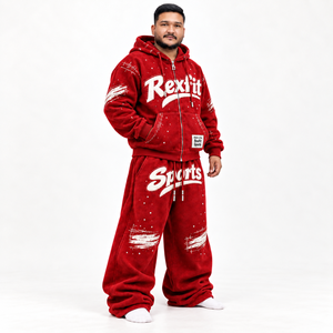 Ensemble sweat à capuche et pantalon de survêtement thermique en polaire rouge pour homme RexFit, imprimé lettres, fermeture éclair sur le devant, tenue décontractée d'automne - Product Image 1