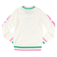 Pull en laine ivoire AKA à col en V avec bordure rose et verte, pull tricoté pour femmes de la sororité grecque, doux, chaud, élégant, coupe décontractée, idéal pour tous les jours
