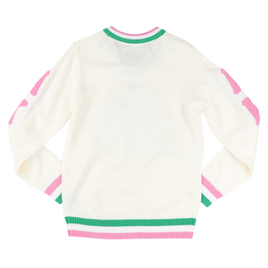 เสื้อสเวตเตอร์คอวีสีชมพูแต่งสีเขียว ยี่ห้อ AKA Ivory Wool สำหรับสตรี  แบบถักนิตติ้ง  พรีเมียม นุ่ม อุ่น สวมใส่สบาย  ทันสมัย เหมาะสำหรับใส่ลำลอง - Product Image 2