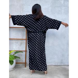 Vestido Kaftán Holgado con Cinturón, Cuello en V, Cintura Natural, Estampado de Puntos Negros, Ecológico, para Mujer, Ropa Casual de Resort - Product Image 4