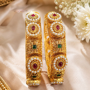 Elegant Traditional Gold Plated Crystal & Rhinestone Freshwater Pearl Ethnic <b>Bangles</b> <b>Set</b> for Women - Product Image 1
