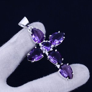 Pendentif Croix Sainte en Améthyste, Argent Sterling 925, Bijoux Bohèmes Faits Main, Collier en Pierre Naturelle, Vente en Gros - Product Image 3