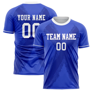Camiseta de Fútbol Personalizada Unisex para Adultos, Cuello Redondo Azul, Manga Corta, Impresión Sublimada con Nombre y Número del Equipo, Absorbe la Humedad, 100% Poliéster - Product Image 1