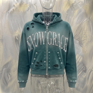 Snowgrace Hooded Zip-Up Sweatshirt <b>Rhinestone</b> Logo Oversized Fit Unisex Winter Style Knitted <b>Fabric</b> Green Color - Product Image 3