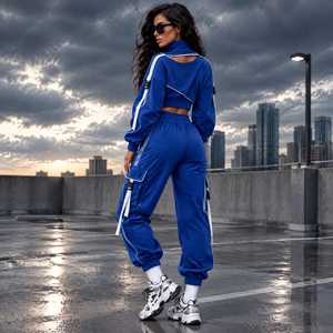 Ensemble de survêtement athleisure gris deux pièces pour femme, haut à capuche court à manches longues et pantalon cargo jogger - Product Image 3