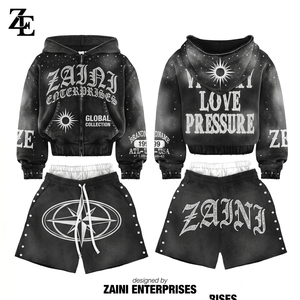 Premium 340GSM Cotton Blend Fleece Breathable <b>Men's</b> Winter <b>Hoodie</b> <b>and</b> <b>Shorts</b> <b>Set</b> Black Grey Washed Custom Logo Streetwear - Product Image 1