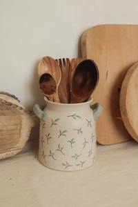 Hand Painted Ceramic <b>Utensil</b> Holder Dual Handle Farmhouse Design Smooth Glaze High Fired Durable Kitchen Counter Storage Jar - Product Image 4