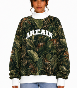 Sweat-shirt surdimensionné pour femme à imprimé tropical avec motif léopard et inscription « AREAIN », design épaules tombantes, style été - Product Image 1