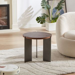 Tavolino da Caffè Rotondo in Legno di Noce con Piedi in Metallo Nero - Product Image 2