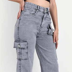 Jean cargo droit en denim pour femme, taille mi-haute, coupe ample, longueur intégrale, décontracté, hiver, en tissu de coton écologique et respirant - Product Image 4