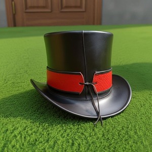 High quality custom Handmade Black Leather Top <b>Hat</b> with Contrasting Red Band - Handcrafted Victorian Steampunk <b>Hat</b> - Product Image 4