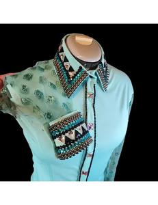 Mangas de red de Cowgirl Western Show Shirt hechas a mano en tela de tafetán elástica para uso ecuestre - Product Image 2