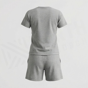 Ensemble de shorts en coton gris pour femmes, 2 pièces, t-shirt à manches courtes col rond et shorts au-dessus du genou, tenue décontractée quotidienne, couleur unie - Product Image 2
