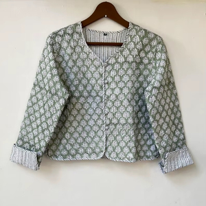 Chaqueta Acolchada de Algodón Kantha Sanganeri Jaipuri para Mujer, Ecológica, Transpirable, para Otoño e Invierno, Largo Regular, Estampado Floral, Blanca - Product Image 1