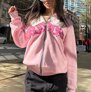 Sudadera con capucha extragrande personalizada con cremallera completa, color rosa bebé, de felpa gruesa de algodón, estilo urbano, con estampado en relieve. - Product Image 4