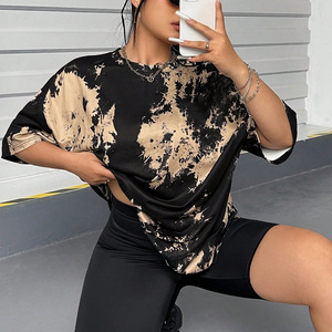 เสื้อยืดผู้หญิงโอเวอร์ไซส์ ลายมัดย้อม สีดำเบจ แขนสั้น คอกลม ทรงหลวม ผ้าเจอร์ซีย์ สำหรับฤดูใบไม้ผลิและฤดูร้อน สไตล์ลำลอง - Product Image 4