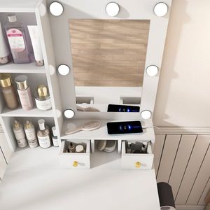 "European-Style Vanity Table Mirror Adjustable LED Lights Power Outlet Hairdryer Holder Compact <b>Dressing</b> Desk for Small Spaces" - Product Image 6