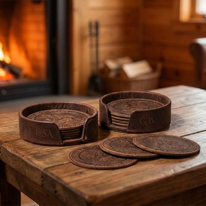 Sous-verres en cuir de vachette avec incrustation en fer à cheval et bordure tressée en cuir naturel - Couleurs assorties - Product Image 1