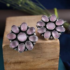 Pendientes Florales de Plata Oxidada con Gema Rosa, Gran Venta |   Pendientes Étnicos Boho al por Mayor, Joyería de Jaipur - Product Image 4