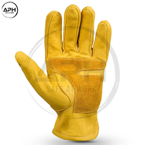 บริการ OEM ODM ถุงมือขับรถหนังสีเหลืองเสริมความแข็งแรงด้วยหนังกลับที่ฝ่ามือ  ขอบยางยืด ถุงมือทำงานสำหรับผู้ชาย - Product Image 3