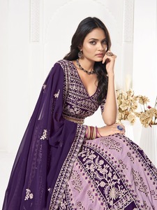 <b>Women</b>’s Purple Georgette Lehenga Choli Set with Heavy Chain Stitch Embroidery, Designer Wedding and Festive <b>Wear</b> with Matching D - Product Image 4