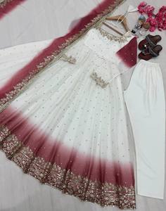 Conjunto de Salwar Kameez Anarkali de Georgette con Degradado Rojo Crema, Dupatta Bordada, para Mujer, Largo hasta el Suelo, de Secado Rápido, para Fiestas y Bodas - Product Image 5