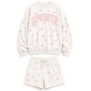 Ensemble deux pièces pour femme : sweat-shirt personnalisé gaufré et short assorti, motif floral 3D brodé avec nœud, tissu doux, confortable et de qualité supérieure - Product Image 3