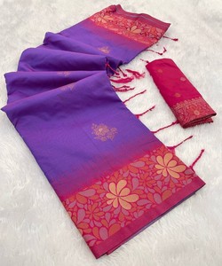 Sari de Seda Banarasi Premium Tejido a Mano con Motivos Florales de Cobre Zari y Blusa sin Coser para Mujer, Ideal para Fiestas - Product Image 3