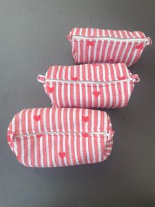 TotPink Striped Quilted Cosmetic <b>Bag</b> With <b>Heart</b> Embroidery Zipper Closure Fashionable Design Daily Us Travel Women <b>bags</b> - Product Image 1