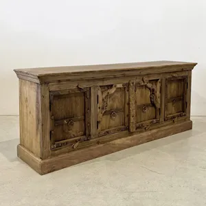 Vintage Wooden Jharokha Carved Four Door Sideboard Metal Fitted Storage <b>Cabinet</b> Rustic Indian Furniture <b>for</b> Dining Room - Product Image 3